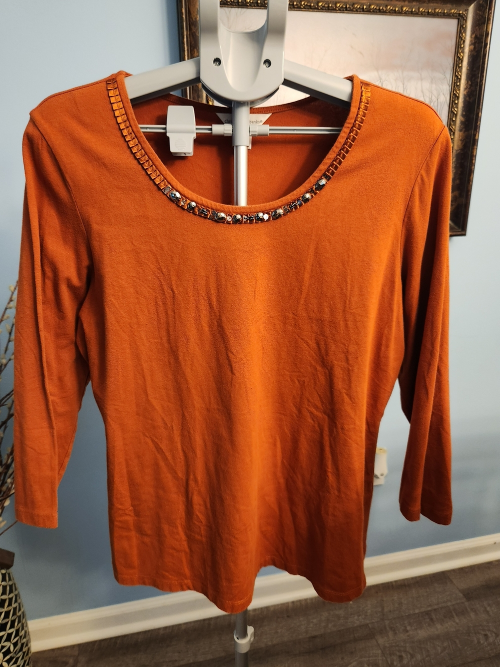 Christopher & Banks Orange Long Sleeve Scoop Neck Top with Bead Trim